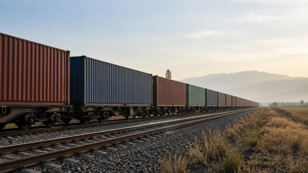 Raylar üzerinde ilerleyen konteyner yüklü yük treni — demiryolu taşımacılığı