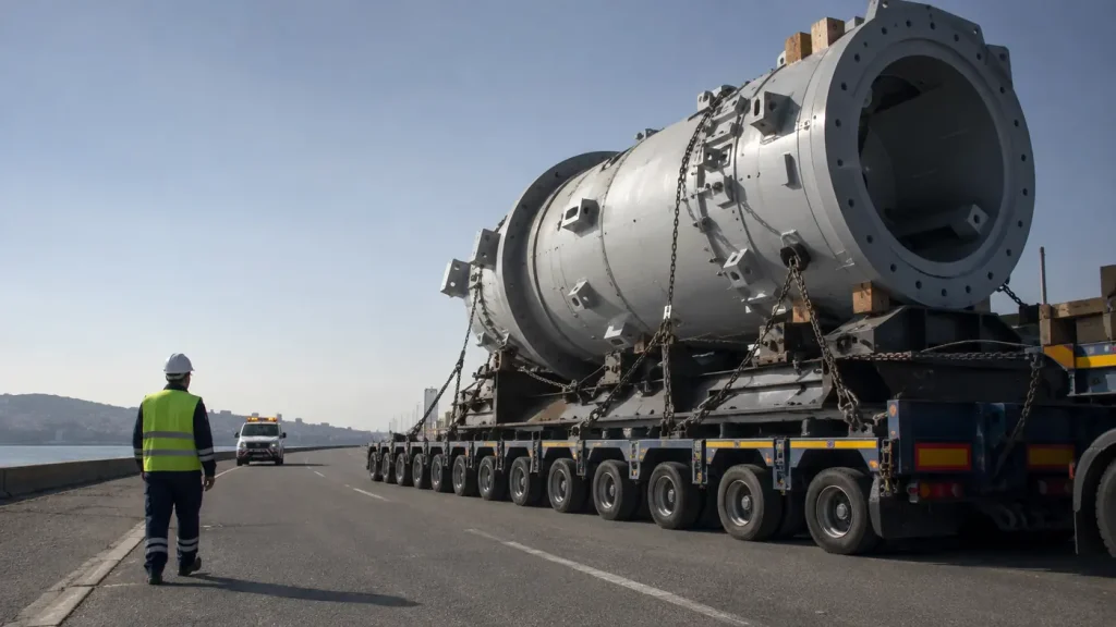 Lowbed dorse üzerinde taşınan gabari dışı endüstriyel ekipman — ağır nakliye